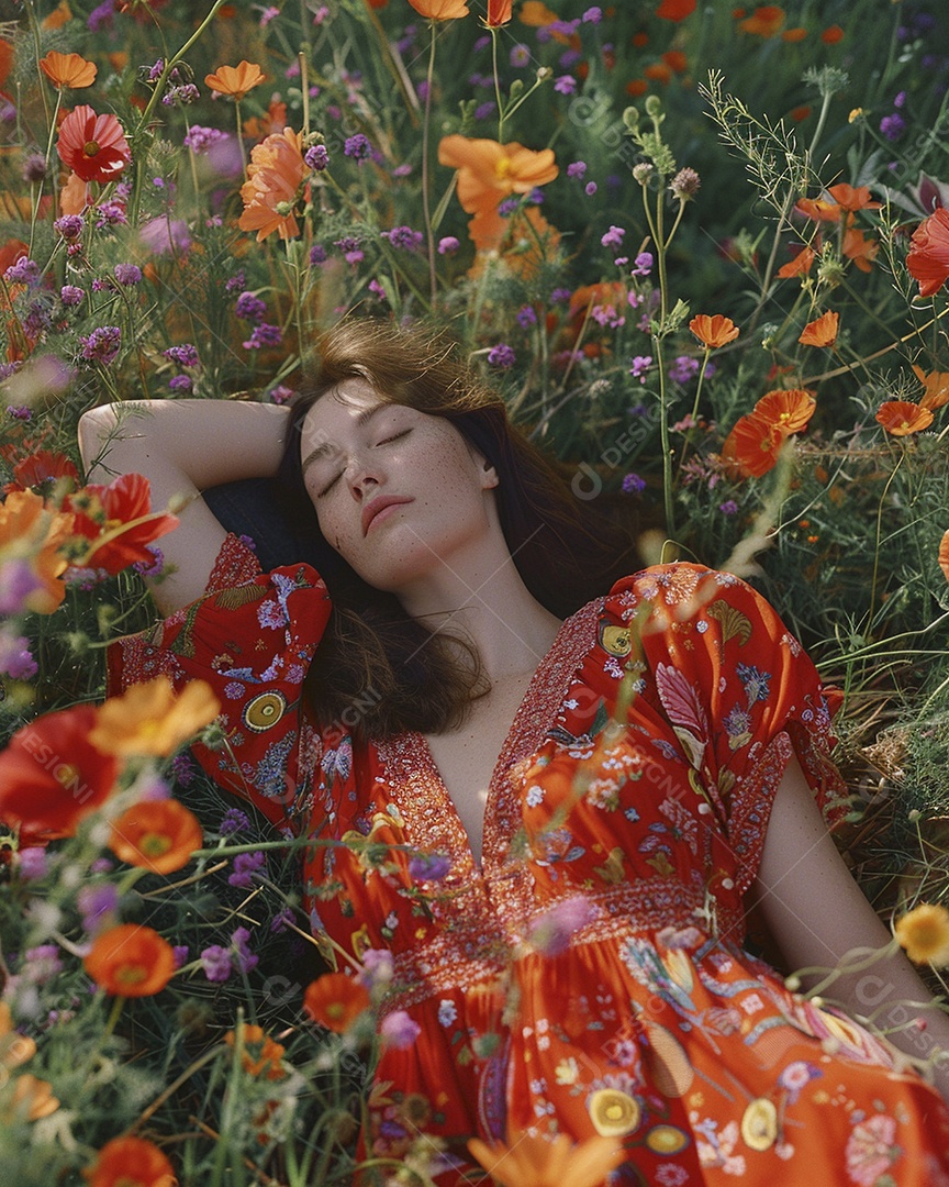 Mulher estilo hippie em uma pose relaxante, deitada em um lindo campo de flores