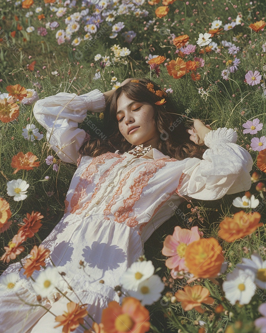Mulher estilo hippie em uma pose relaxante, deitada em um lindo campo de flores