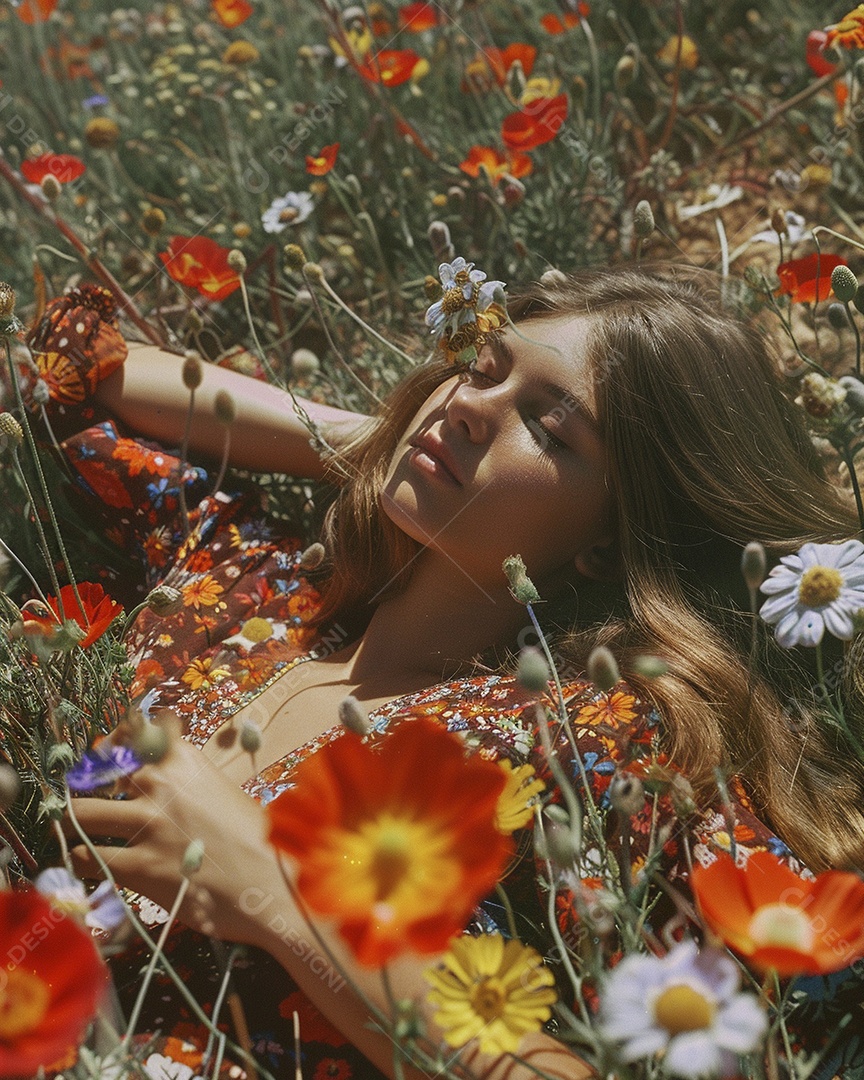 Mulher estilo hippie em uma pose relaxante, deitada em um lindo campo de flores