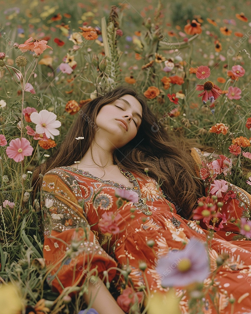 Mulher estilo hippie em uma pose relaxante, deitada em um lindo campo de flores
