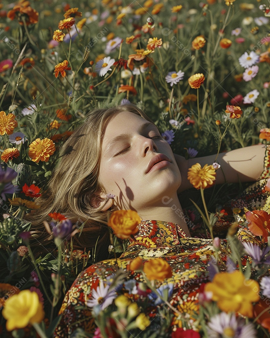 Mulher estilo hippie em uma pose relaxante, deitada em um lindo campo de flores