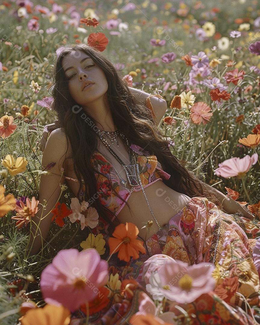 Mulher estilo hippie em uma pose relaxante, deitada em um lindo campo de flores