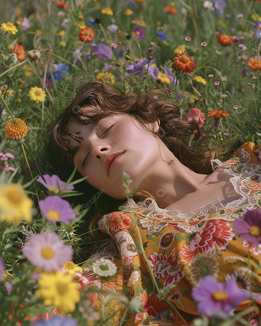 Mulher estilo hippie em uma pose relaxante, deitada em um lindo campo de flores