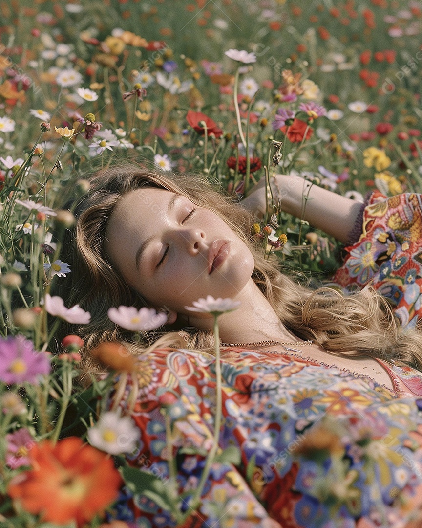 Mulher estilo hippie em uma pose relaxante, deitada em um lindo campo de flores
