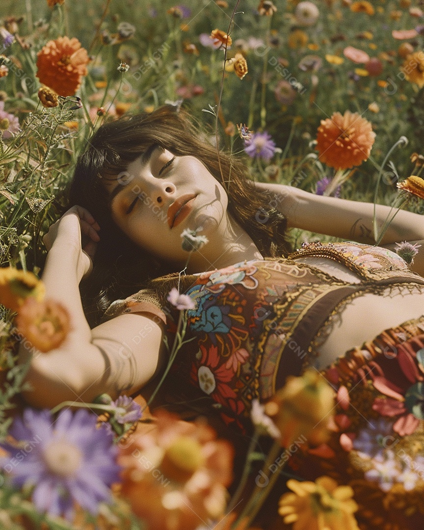 Mulher estilo hippie em uma pose relaxante, deitada em um lindo campo de flores
