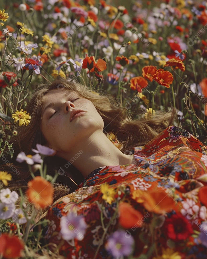Mulher estilo hippie em uma pose relaxante, deitada em um lindo campo de flores