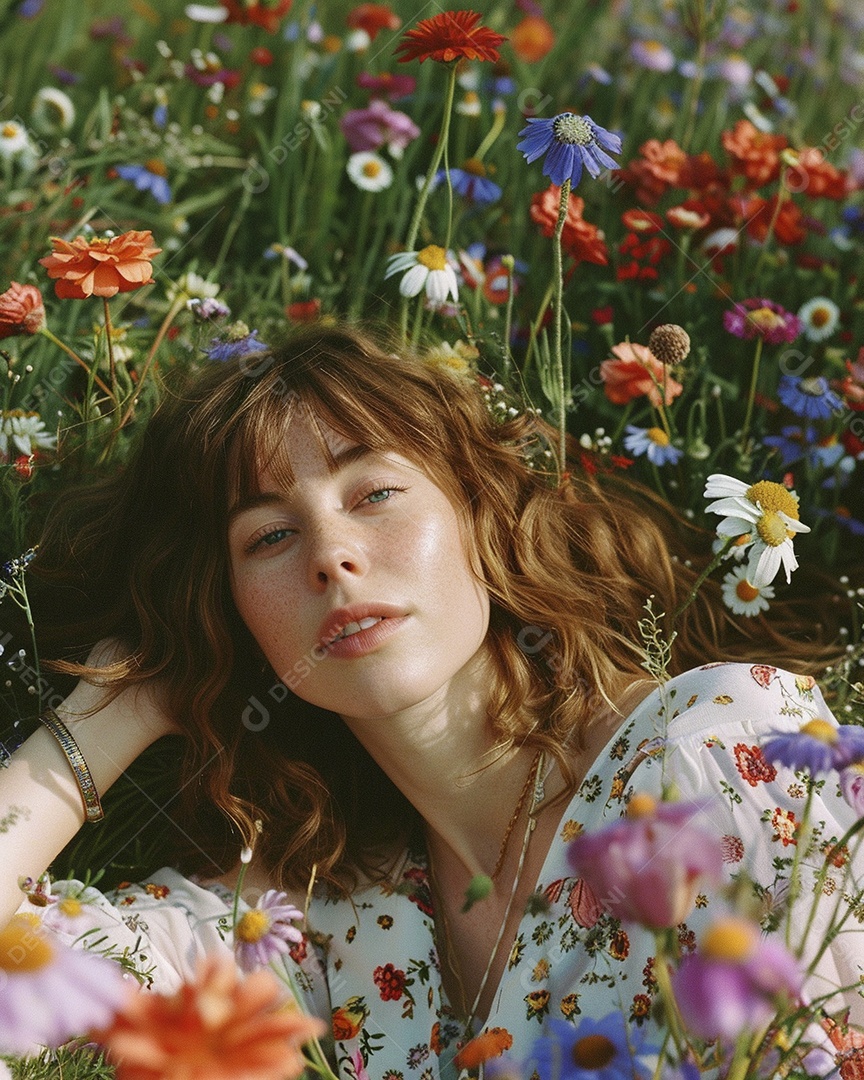 Mulher estilo hippie em uma pose relaxante, deitada em um lindo campo de flores