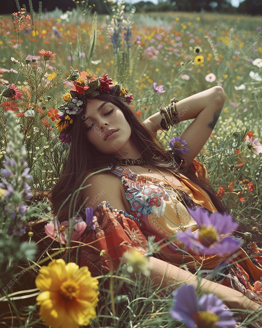 Mulher estilo hippie em uma pose relaxante, deitada em um lindo campo de flores
