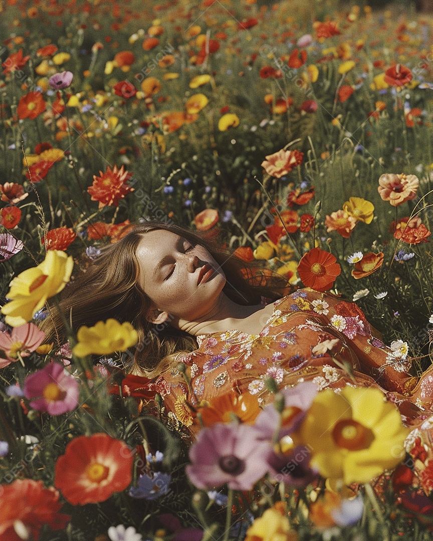 Mulher estilo hippie em uma pose relaxante, deitada em um lindo campo de flores