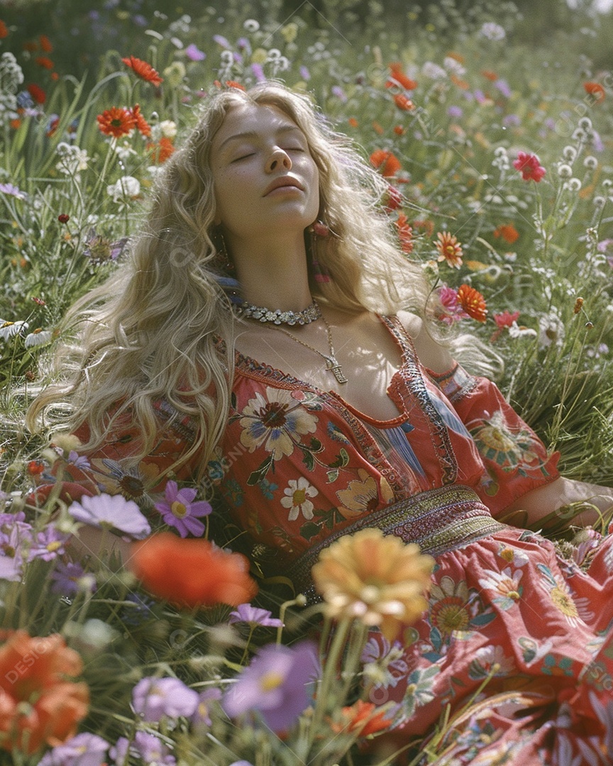 Mulher estilo hippie em uma pose relaxante, deitada em um lindo campo de flores