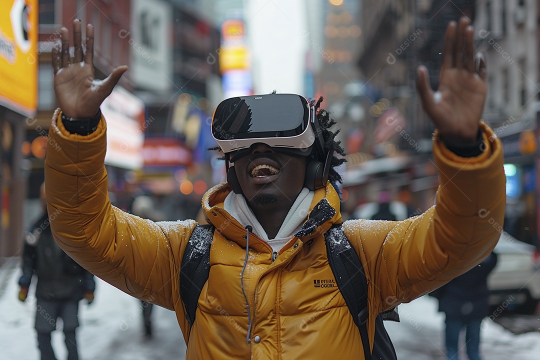 Jovem muito animado usando óculos de realidade virtual