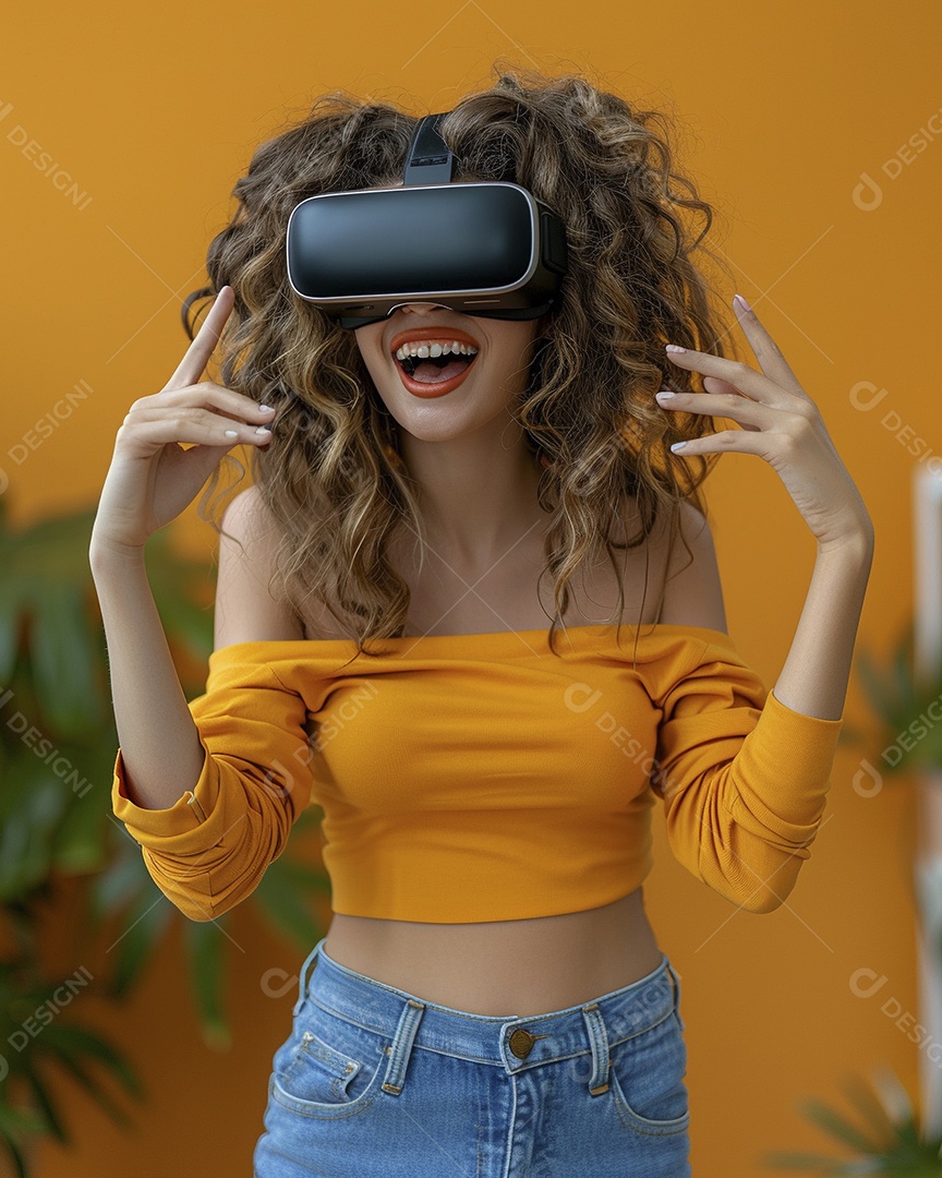 Jovem muito animada usando óculos de realidade virtual