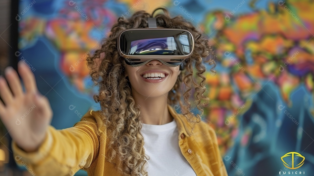 Jovem muito animada usando óculos de realidade virtual