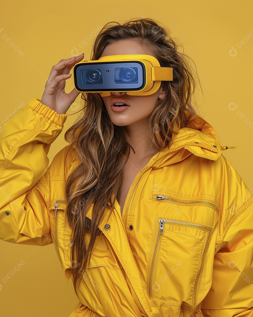 Jovem muito animada usando óculos de realidade virtual