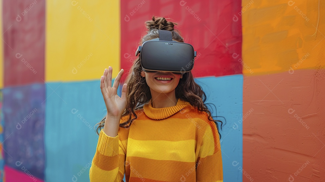 Jovem muito animada usando óculos de realidade virtual