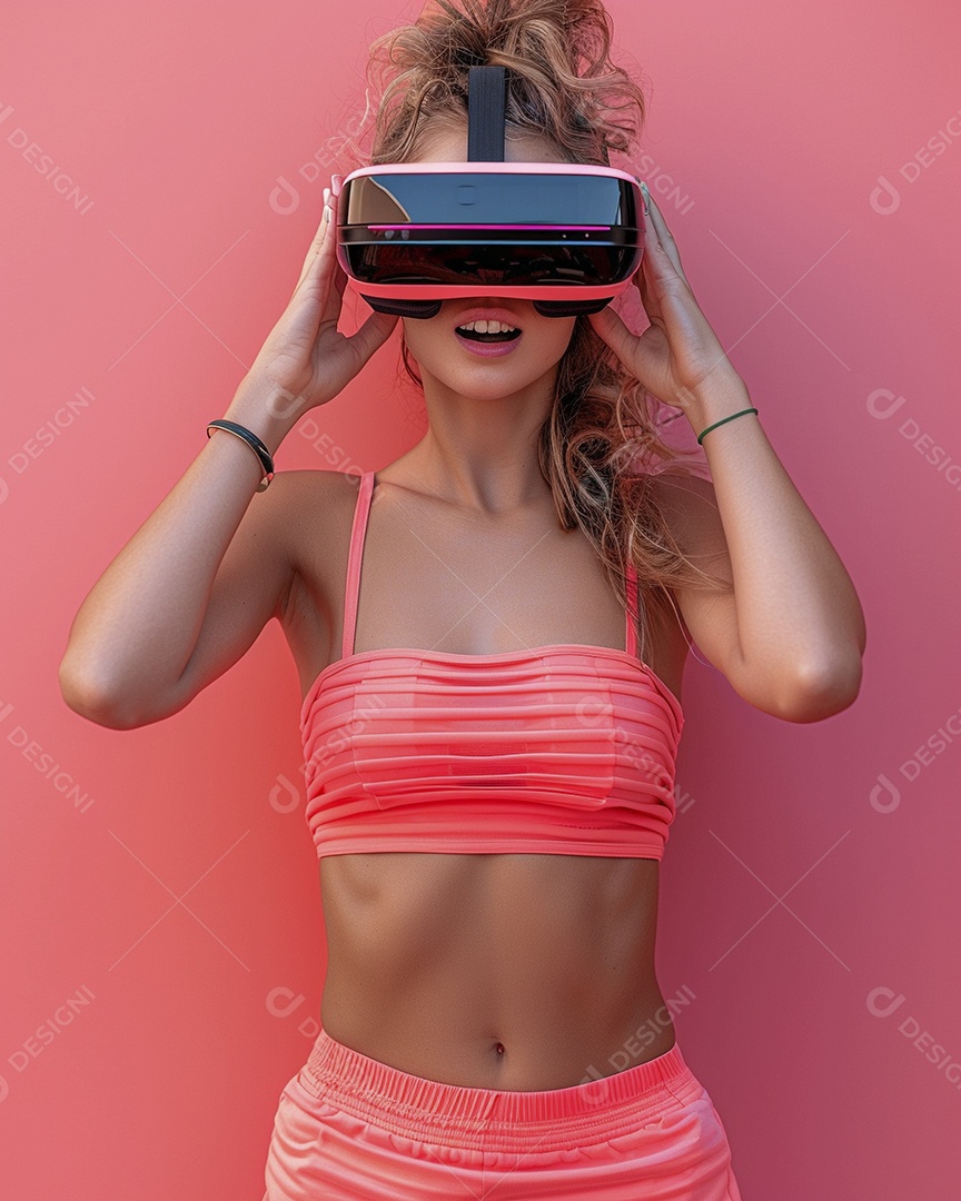 Jovem muito animada usando óculos de realidade virtual