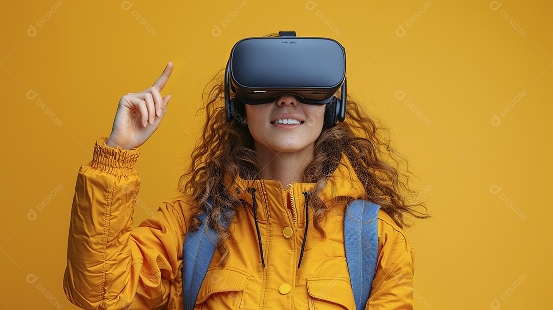 Jovem muito animada usando óculos de realidade virtual