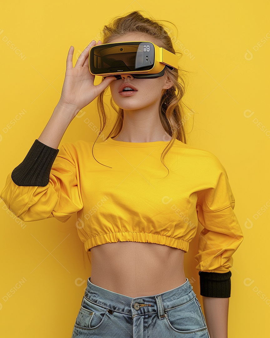 Jovem muito animada usando óculos de realidade virtual