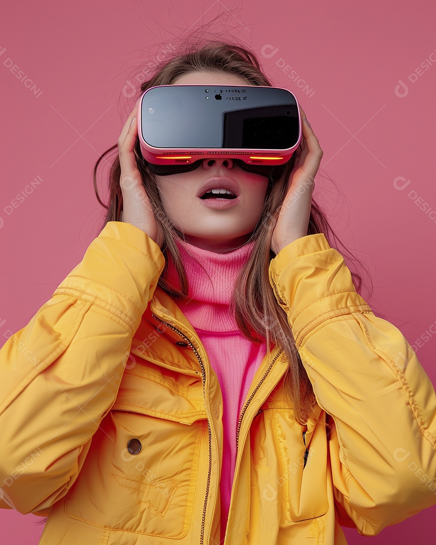 Jovem muito animada usando óculos de realidade virtual