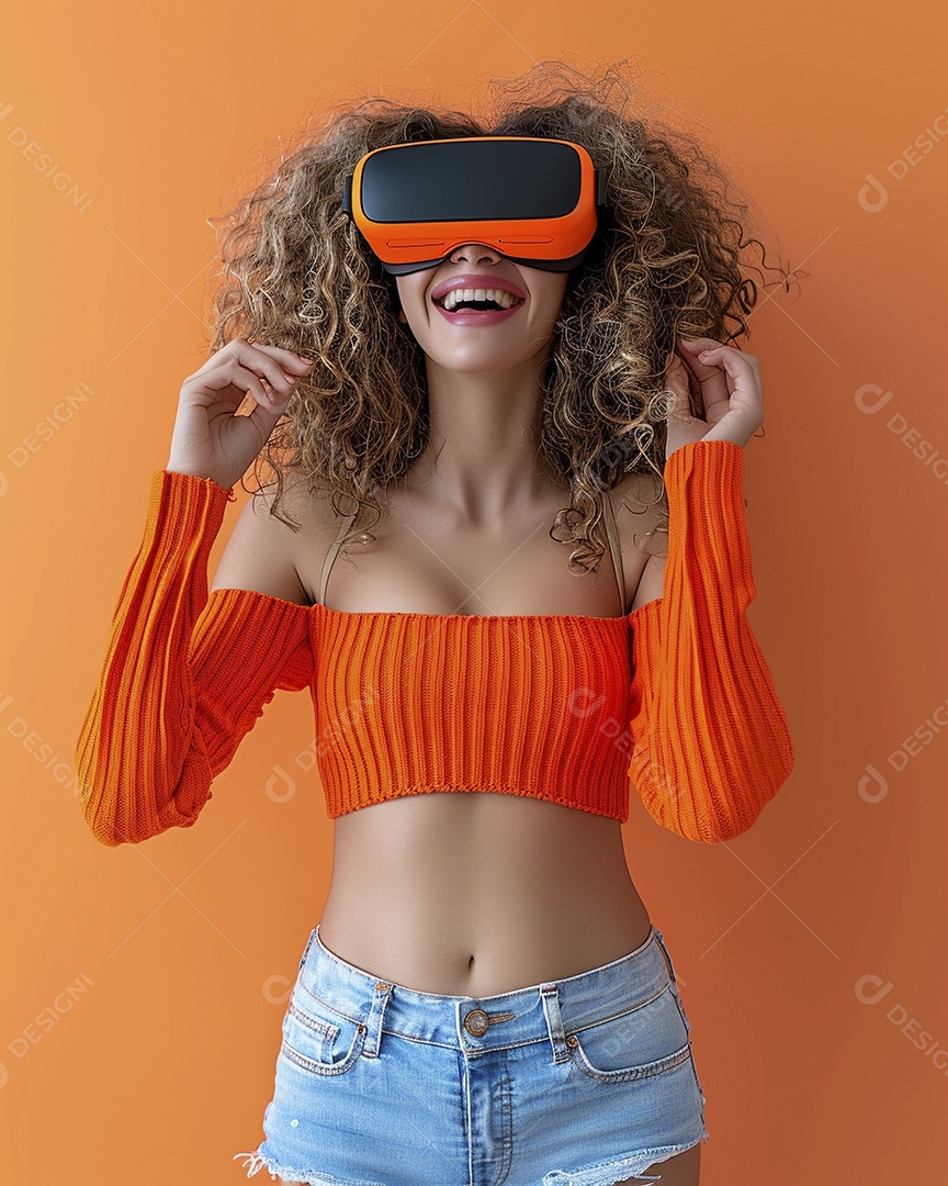 Jovem muito animada usando óculos de realidade virtual