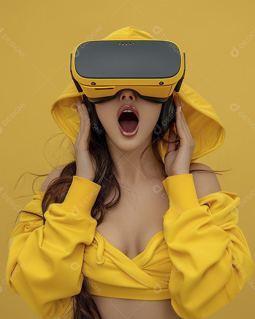 Jovem muito animada usando óculos de realidade virtual