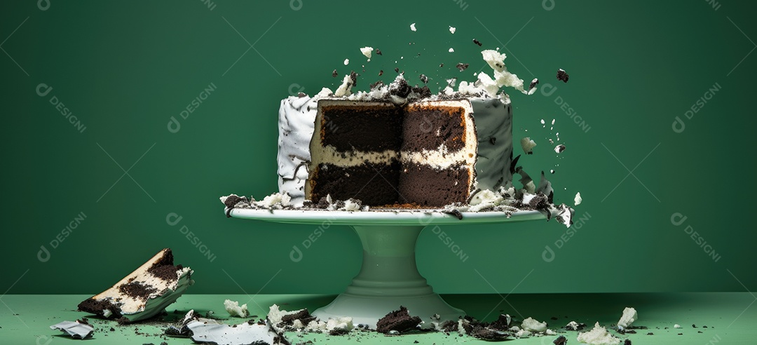 Bolo destruído mesa fundo verde