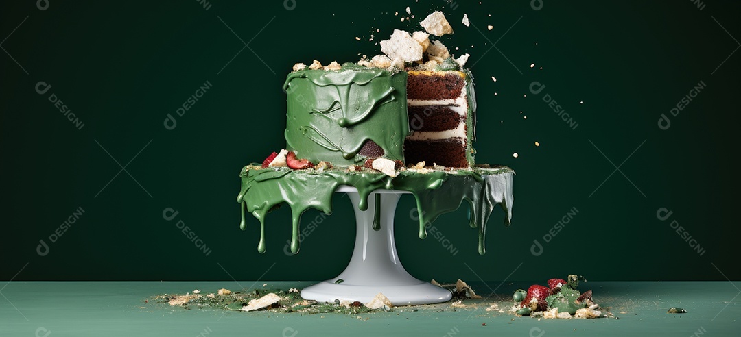 Bolo destruído mesa fundo verde