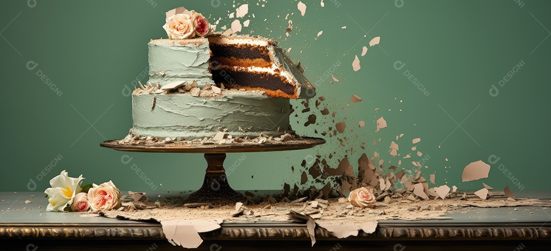 Bolo destruído mesa fundo verde