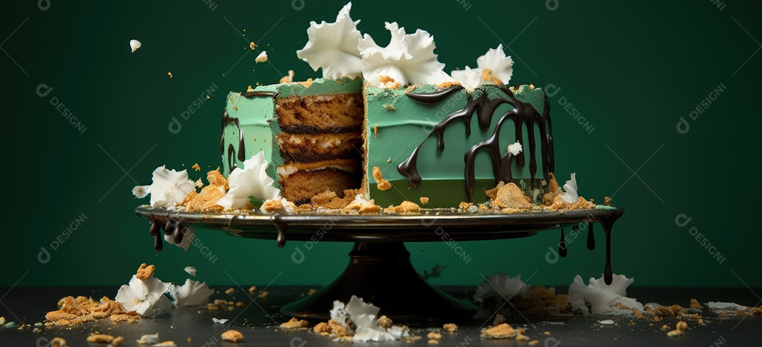 Bolo destruído mesa fundo verde