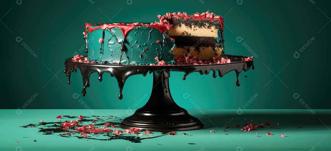 Bolo destruído mesa fundo verde