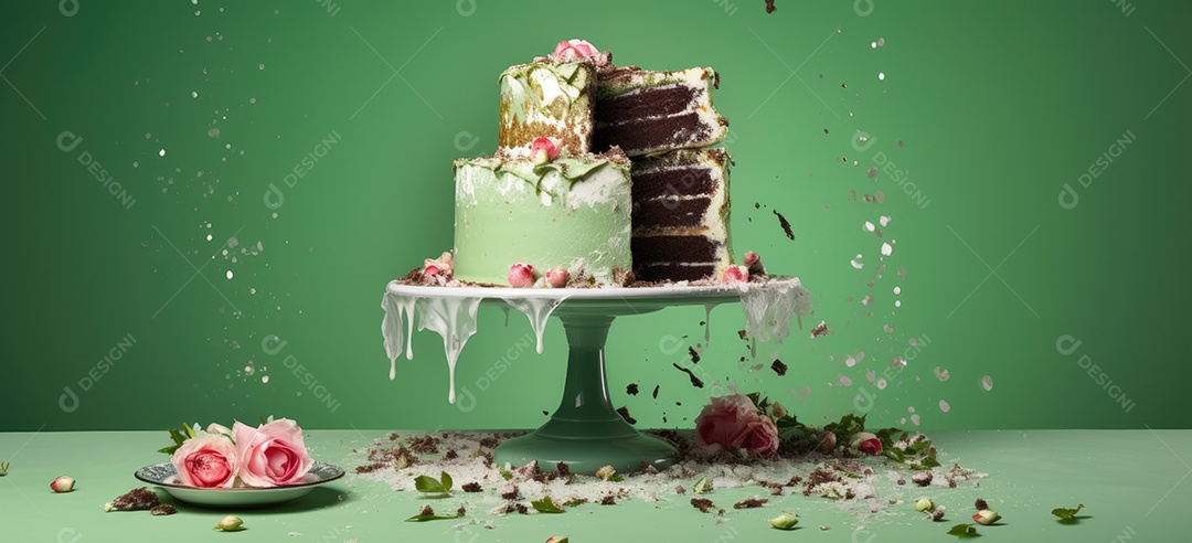 Bolo destruído mesa fundo verde