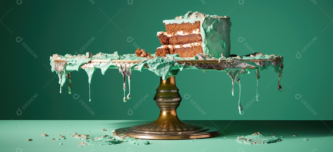 Bolo destruído mesa fundo verde