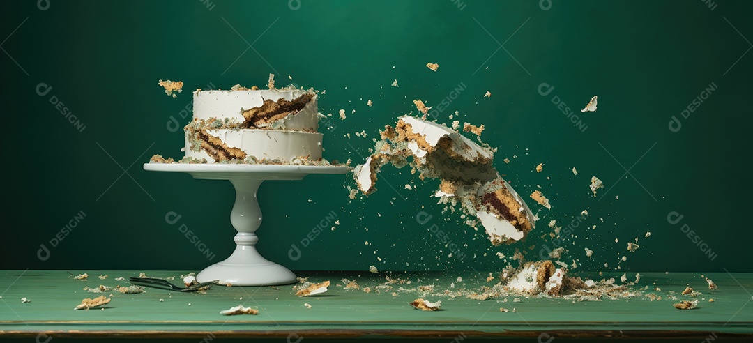 Bolo destruído mesa fundo verde
