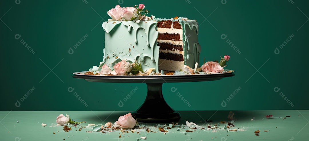 Bolo destruído mesa fundo verde