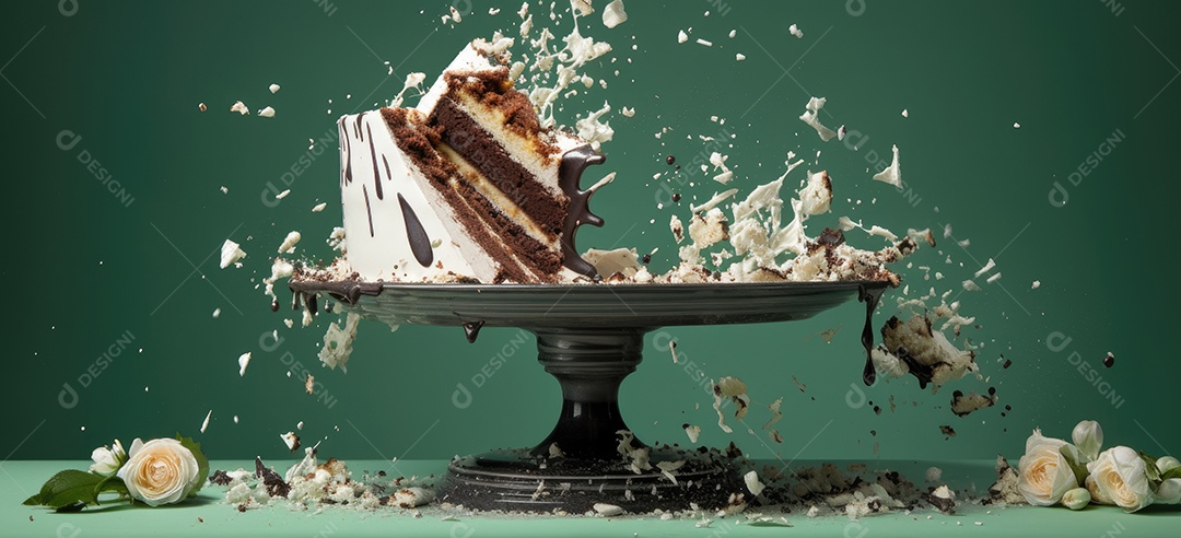 Bolo destruído mesa fundo verde