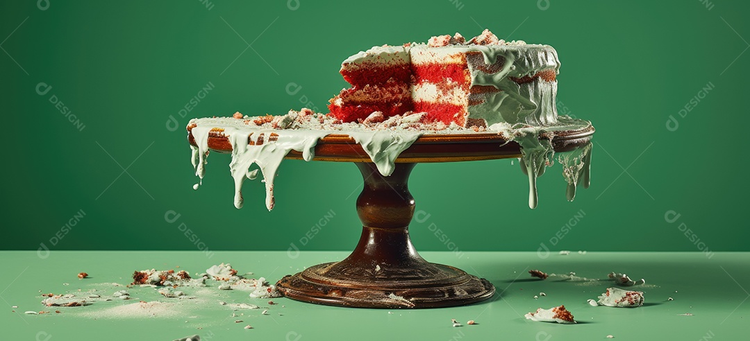 Bolo destruído mesa fundo verde