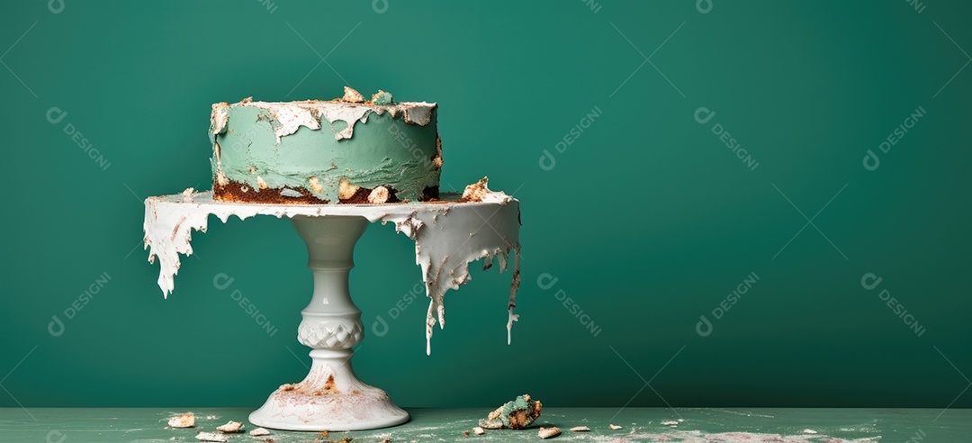 Bolo destruído mesa fundo verde