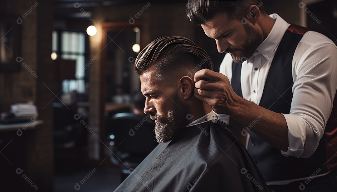 Cliente do mestre barbeiro estilista durante o tratamento e novo visual do penteado