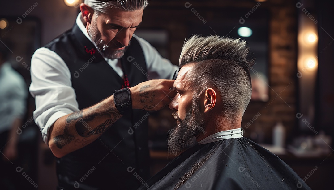 Cliente do mestre barbeiro estilista durante o tratamento e novo visual do penteado