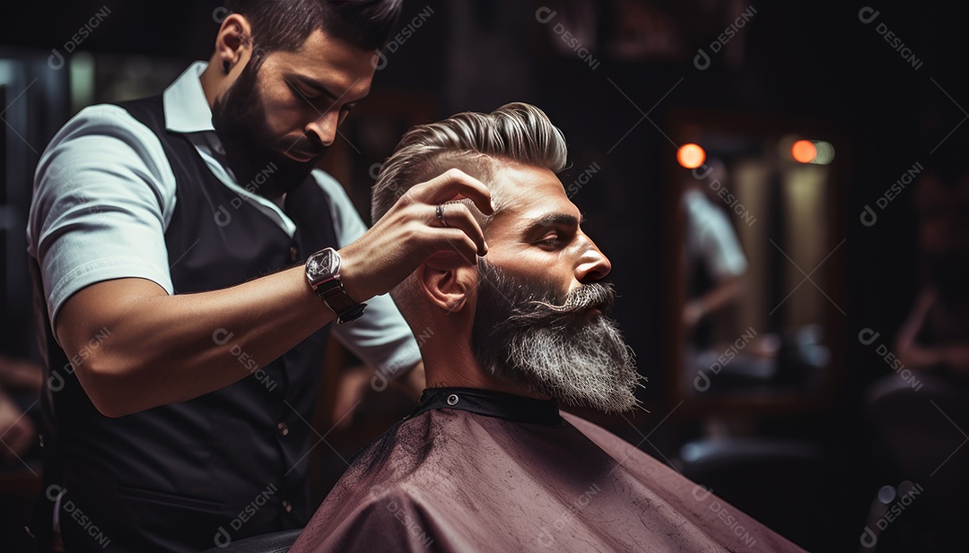 Cliente do mestre barbeiro estilista durante o tratamento e novo visual do penteado