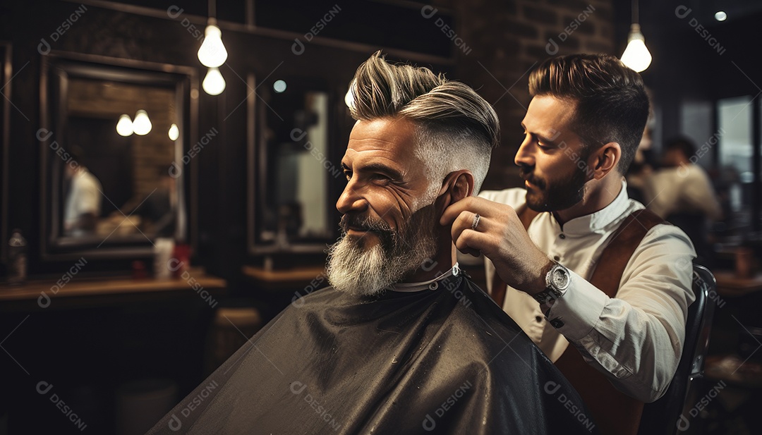 Cliente do mestre barbeiro estilista durante o tratamento e novo visual do penteado