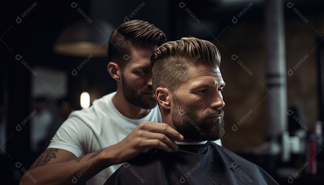 Cliente do mestre barbeiro estilista durante o tratamento e novo visual do penteado