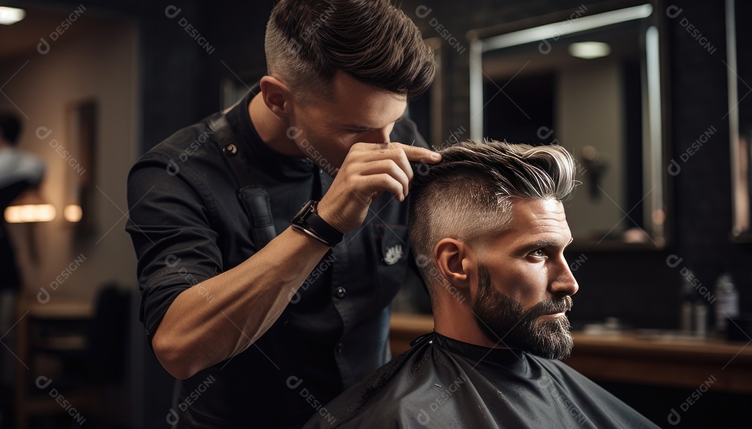 Cliente do mestre barbeiro estilista durante o tratamento e novo visual do penteado