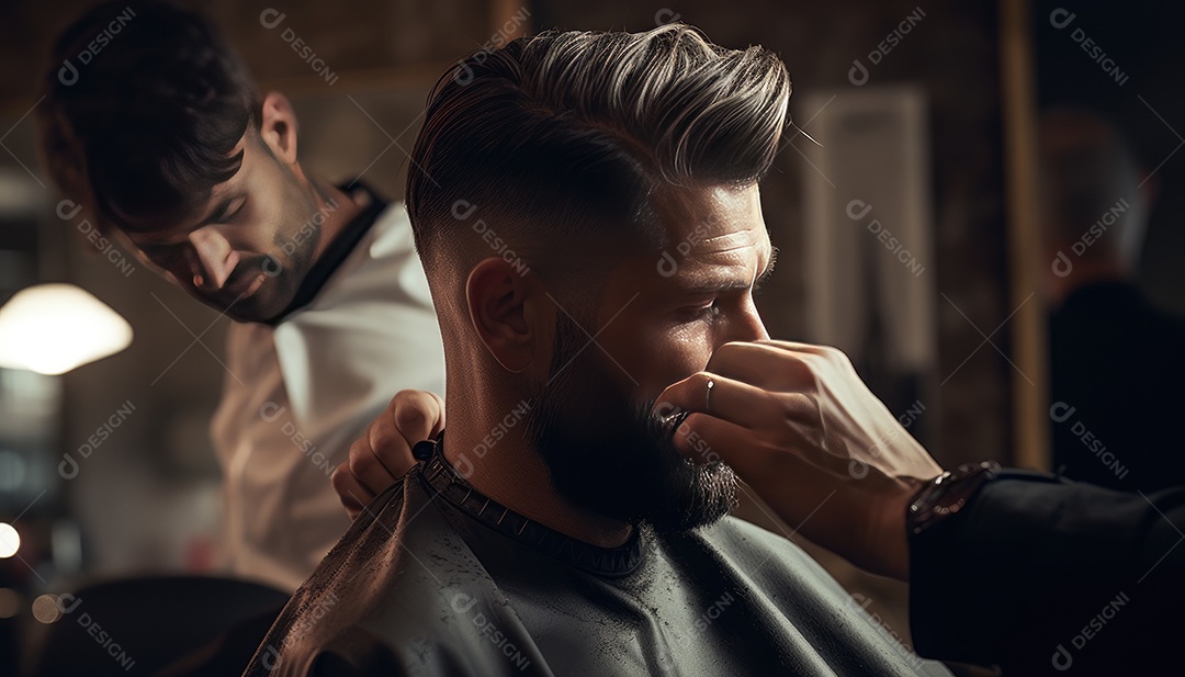 Cliente do mestre barbeiro estilista durante o tratamento e novo visual do penteado