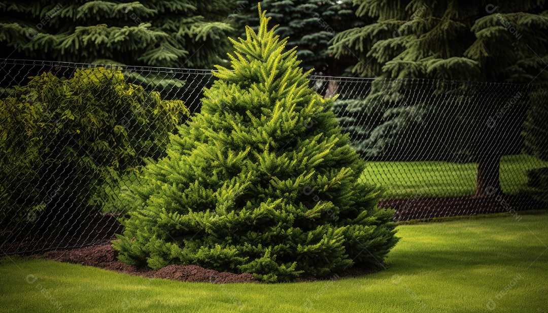 Árvore ornamental conífera verde na grama do jardim