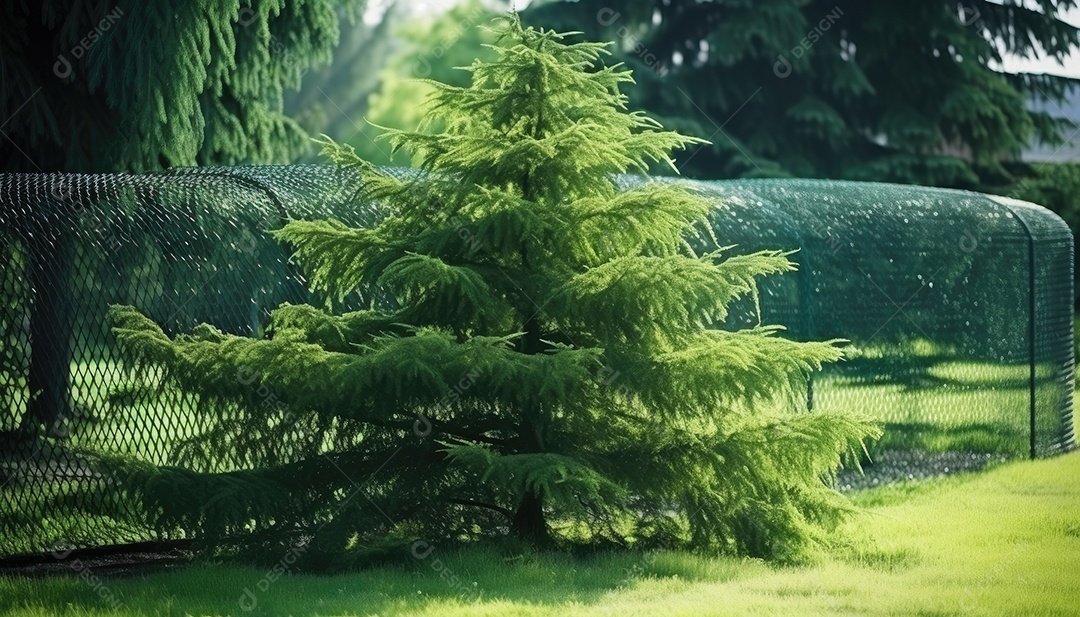 Árvore ornamental conífera verde na grama do jardim