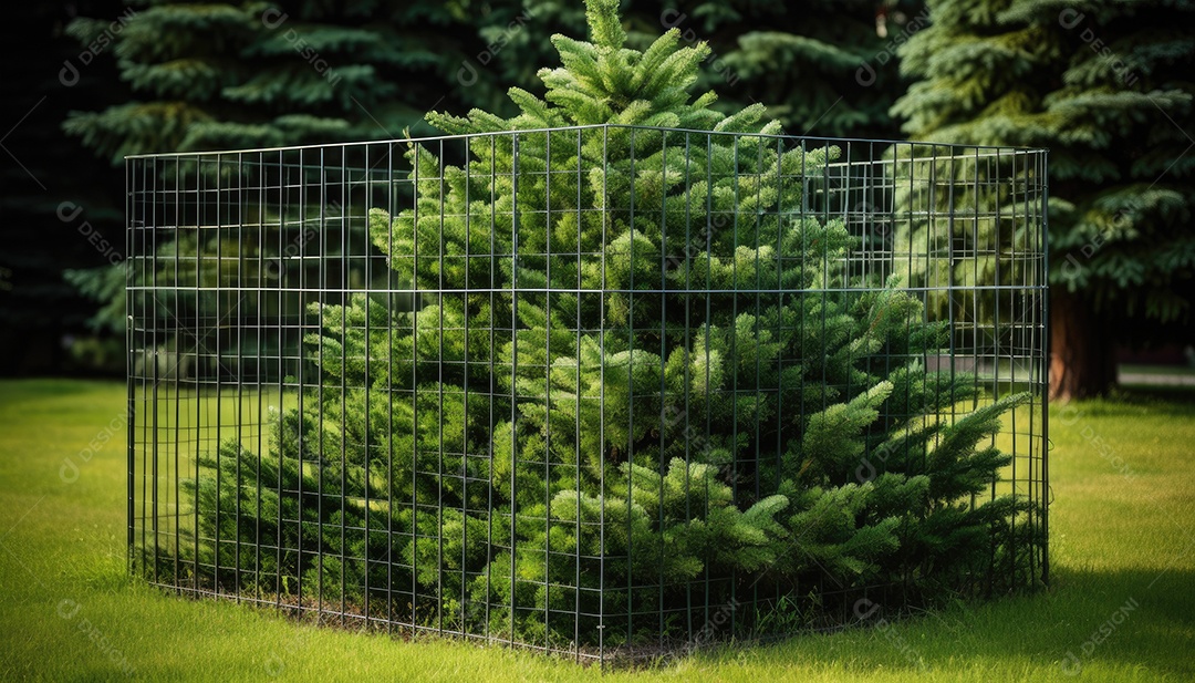 Árvore ornamental conífera verde na grama do jardim