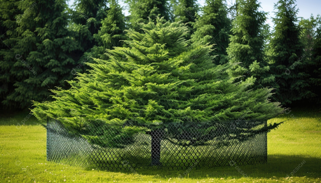Árvore ornamental conífera verde na grama do jardim