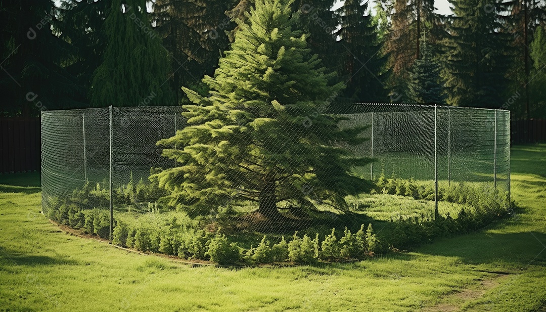 Árvore ornamental conífera verde na grama do jardim