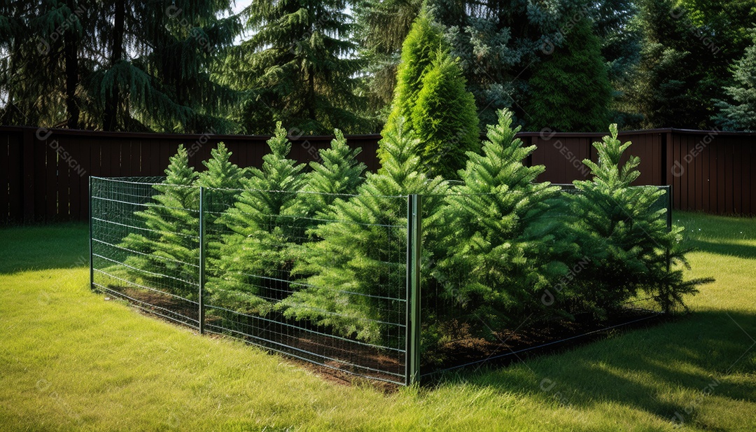 Árvore ornamental conífera verde na grama do jardim